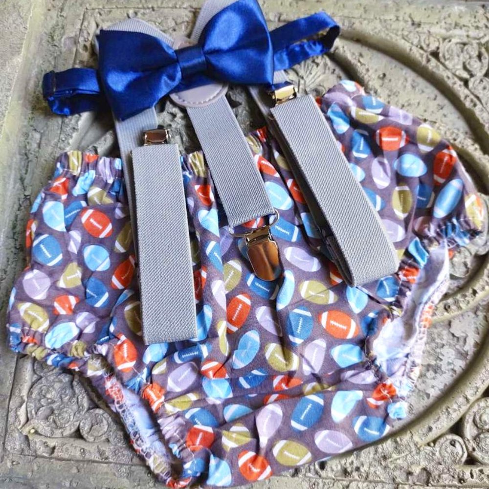 Football theme First Birthday boy cake smash outfit suspenders bow tie bloomers